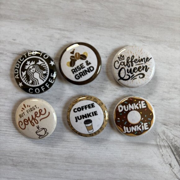 Coffee Lover Pinback Button Set 1" Caffeine Pins | Rise & Grind - Picture 1 of 3